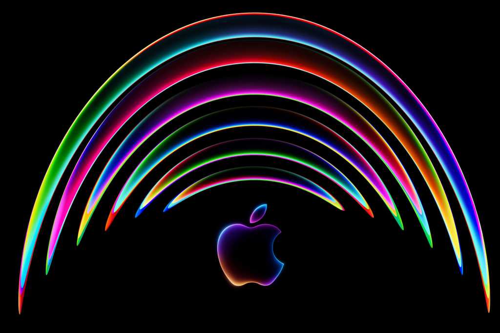 Apple Park rainbow arch against black background with apple logo beneath