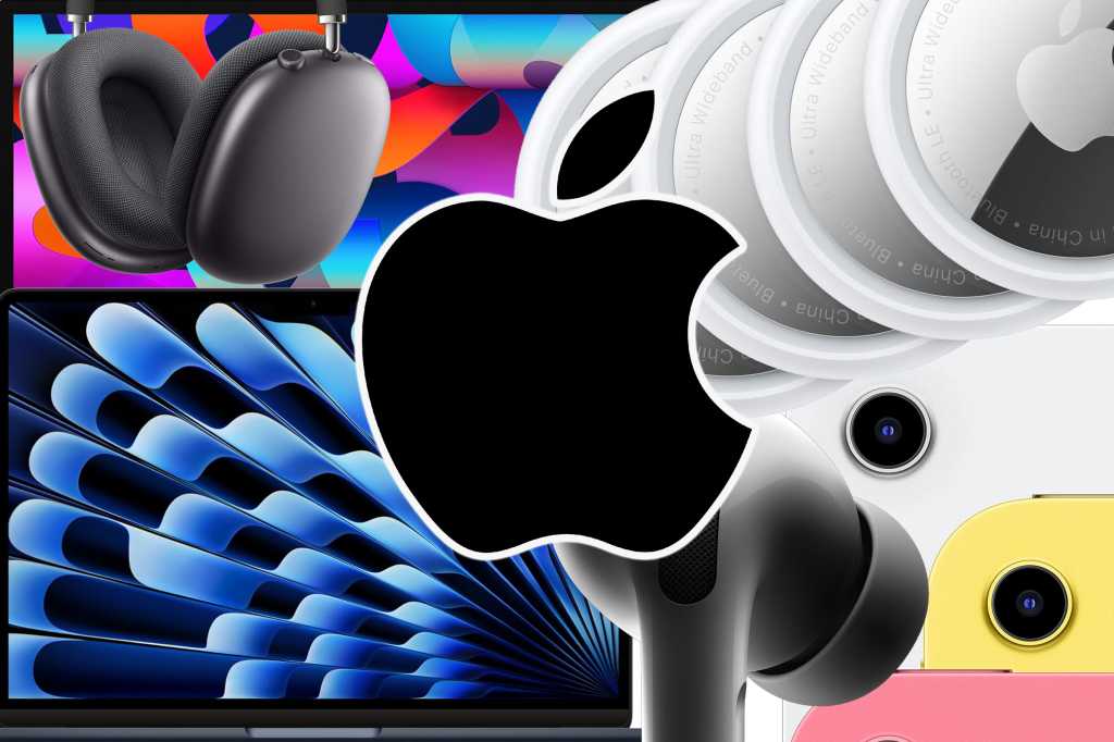 Graphic with an Apple logo surrounded by airtags, airpods, ipads, and a macbook