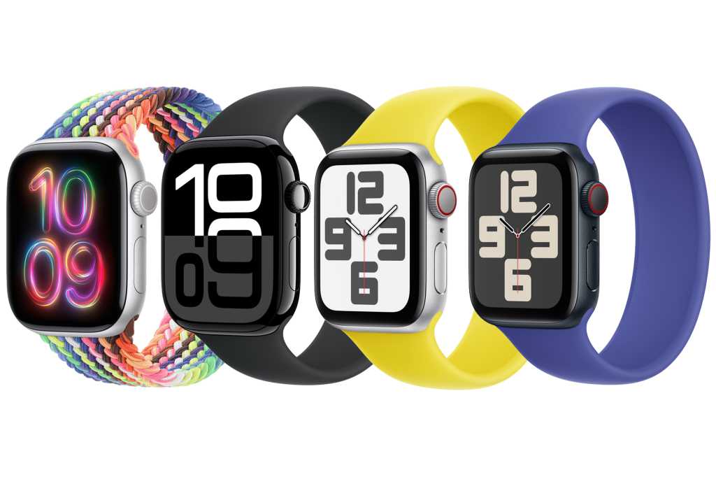 Apple watch solo loop band in pride, black, yellow, and purple options